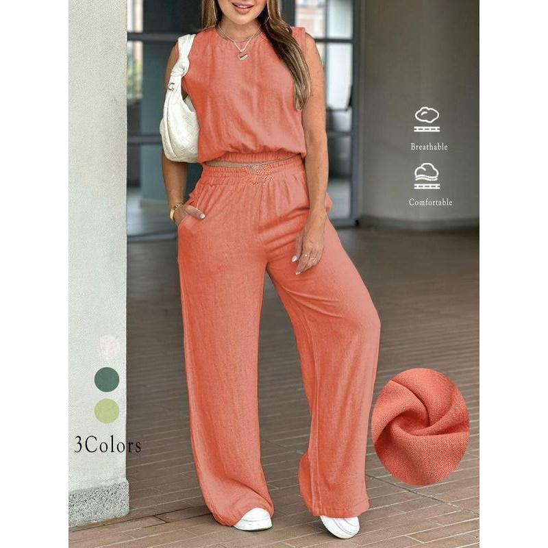 Women's Cotton Sleeveless Tank & Wide Leg Pants 2-Piece Lounge Set (S-3XL)