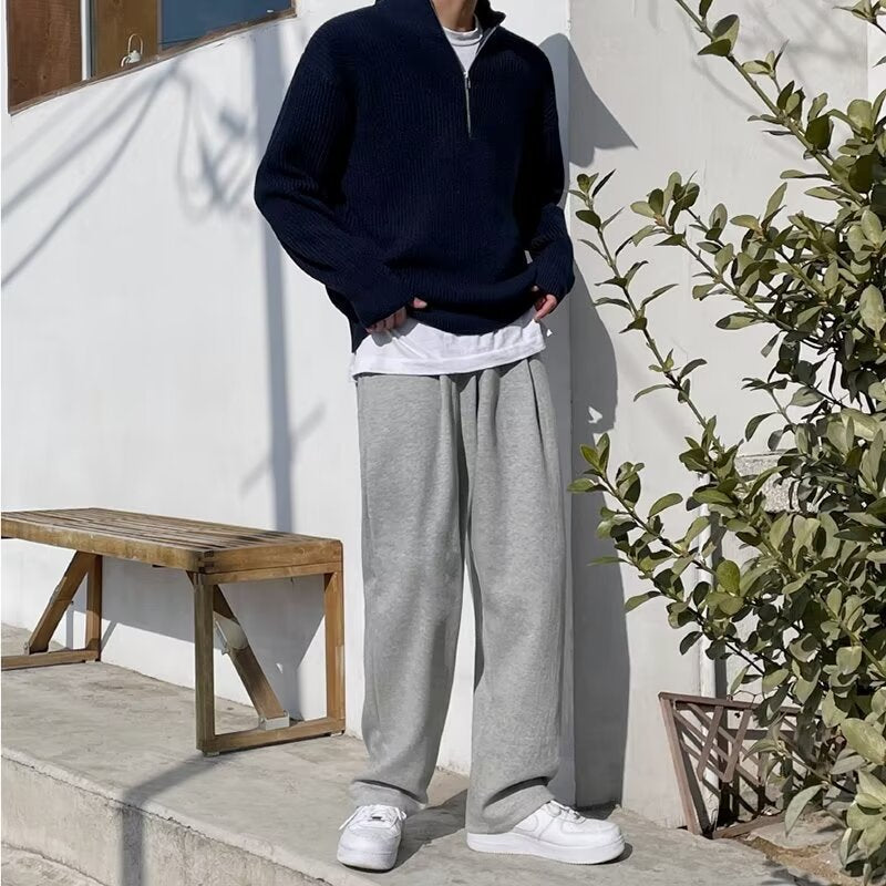 Men's High-Neck Zipper Knit Sweater, American Retro Loose Drop-Shoulder Long Sleeve