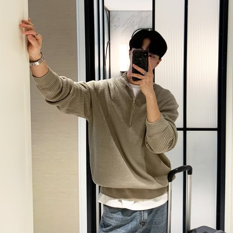 Men's High-Neck Zipper Knit Sweater, American Retro Loose Drop-Shoulder Long Sleeve