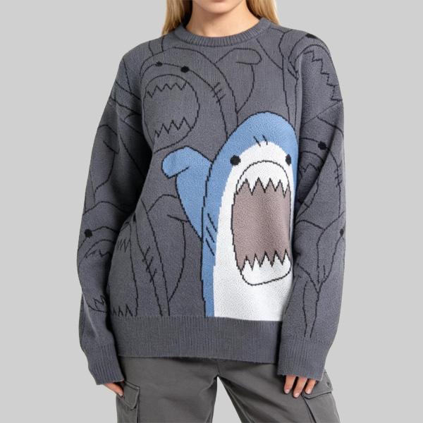 2026 #Springfresh Winter Cartoon Shark Crewneck Polyester Pullover Sweater Unisex Oversized Elegant Casual Streetwear Thick Knitwear Grey Fashion Sweaters Knitted