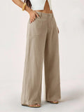 Women's Classic Linen Palazzo Pants, Summer Flowy Wide-Leg Beach Trousers with Pockets, Casual Solid-Color Soft Elastic Lounge Pants for Travel, Work & Streetwear Outfit