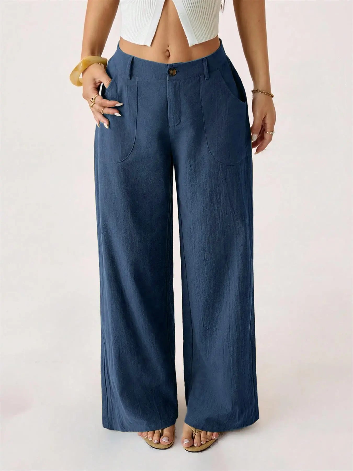 Women's Classic Linen Palazzo Pants, Summer Flowy Wide-Leg Beach Trousers with Pockets, Casual Solid-Color Soft Elastic Lounge Pants for Travel, Work & Streetwear Outfit