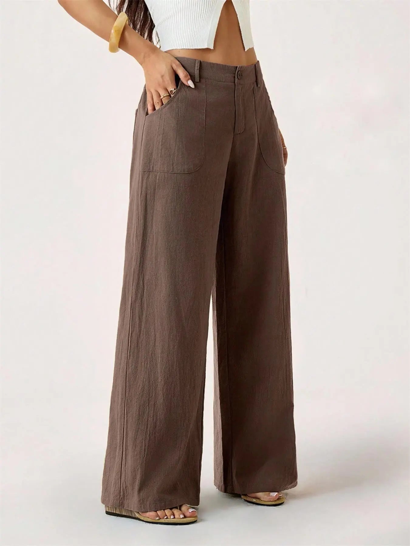 Women's Classic Linen Palazzo Pants, Summer Flowy Wide-Leg Beach Trousers with Pockets, Casual Solid-Color Soft Elastic Lounge Pants for Travel, Work & Streetwear Outfit