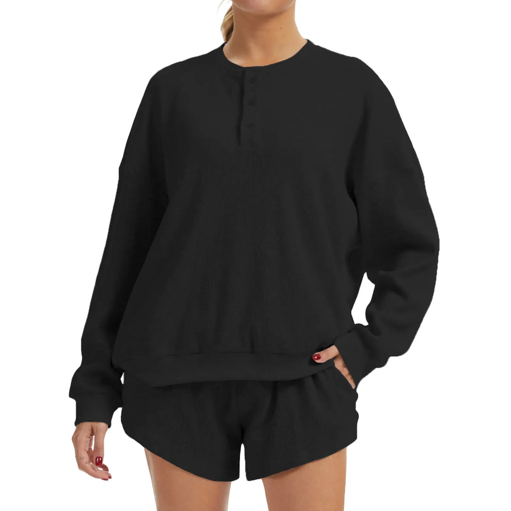 AnotherChill Women's Oversized Waffle Knit Lounge Set – Long Sleeve Henley Sweatshirt and High Waisted Shorts 2 Piece Casual Outfit