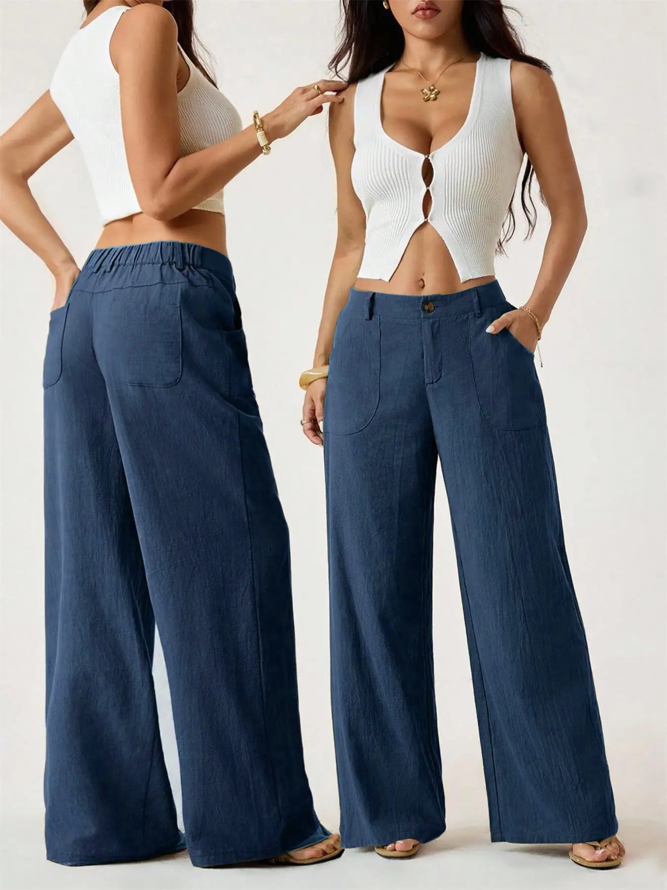 Women's Classic Linen Palazzo Pants, Summer Flowy Wide-Leg Beach Trousers with Pockets, Casual Solid-Color Soft Elastic Lounge Pants for Travel, Work & Streetwear Outfit