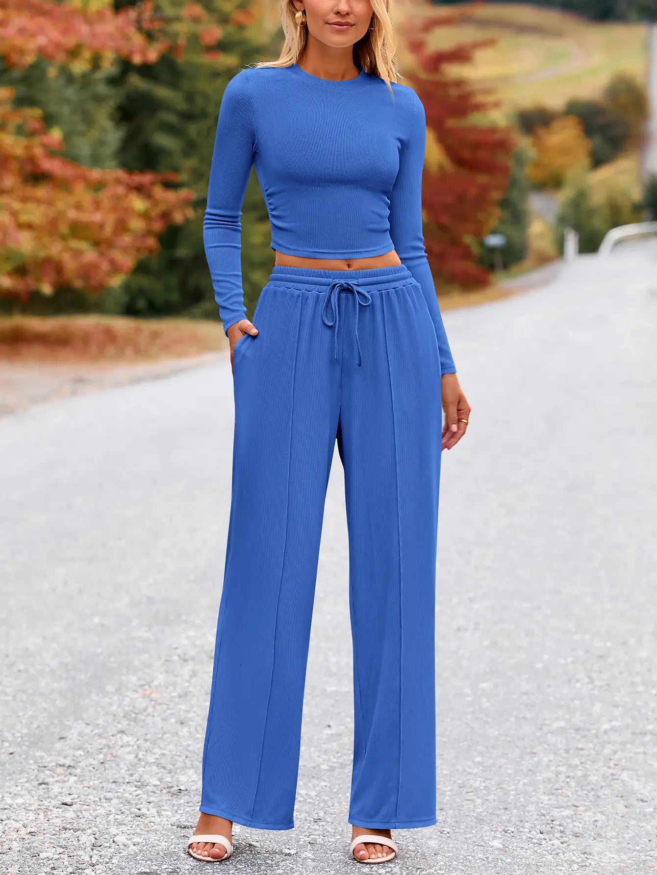 BTFBM 2-Piece Ribbed Knit Long Sleeve Crop Top Wide Leg Pants Matching Lounge Set Loungewear