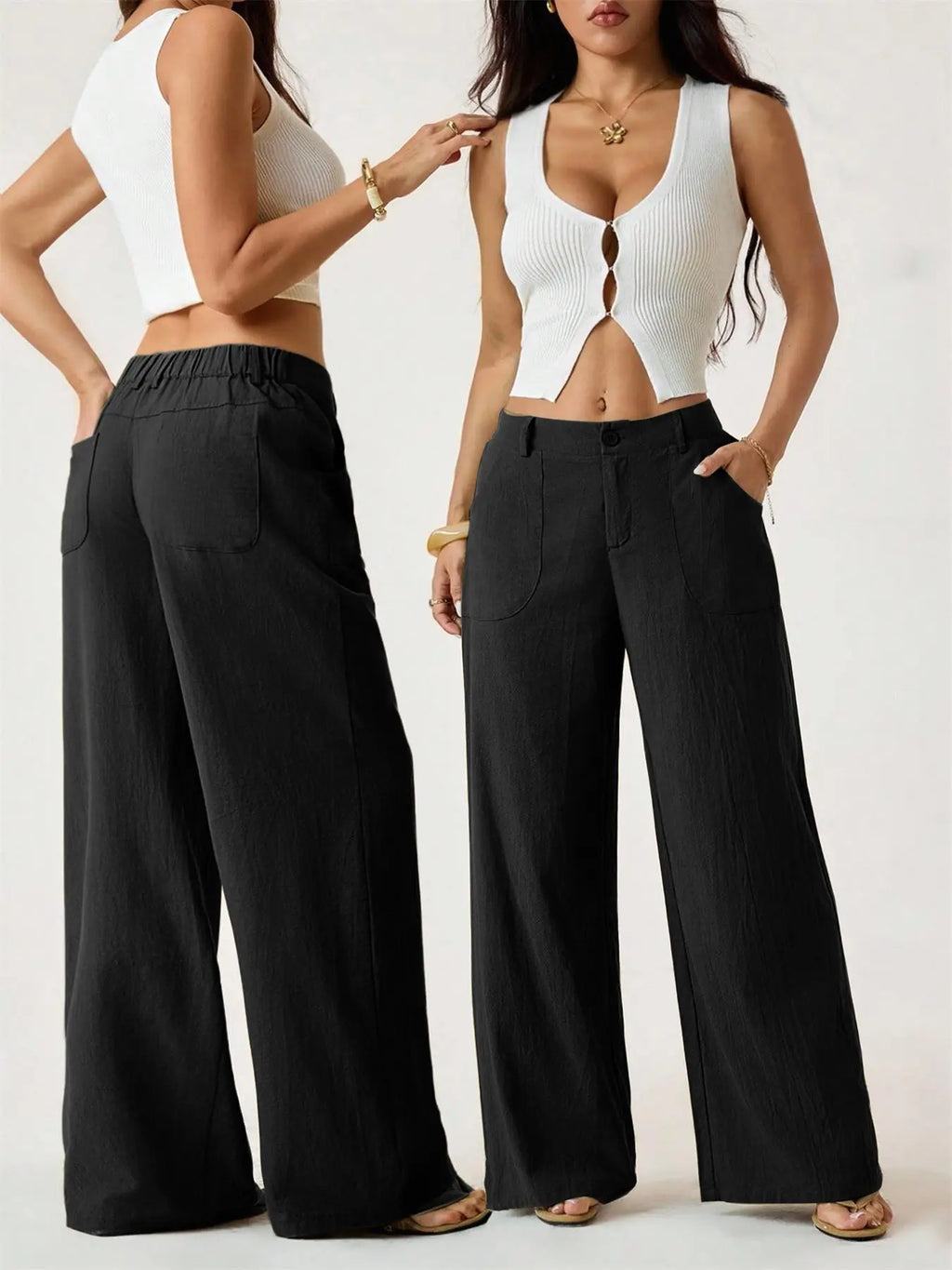 Women's Classic Linen Palazzo Pants, Summer Flowy Wide-Leg Beach Trousers with Pockets, Casual Solid-Color Soft Elastic Lounge Pants for Travel, Work & Streetwear Outfit