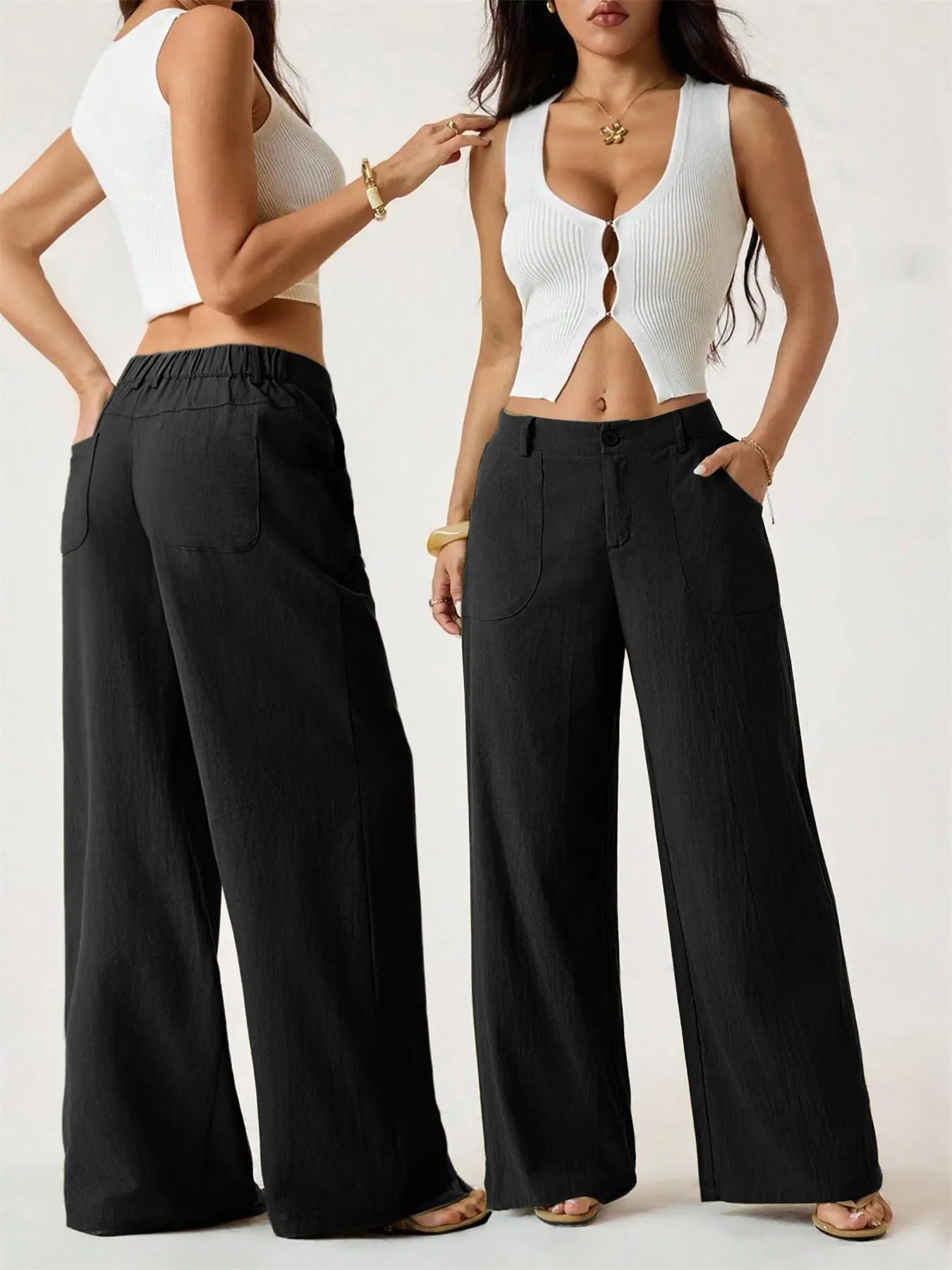 Women's Classic Linen Palazzo Pants, Summer Flowy Wide-Leg Beach Trousers with Pockets, Casual Solid-Color Soft Elastic Lounge Pants for Travel, Work & Streetwear Outfit