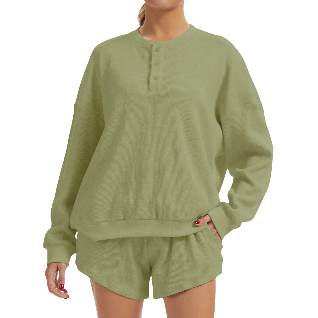 AnotherChill Women's Oversized Waffle Knit Lounge Set – Long Sleeve Henley Sweatshirt and High Waisted Shorts 2 Piece Casual Outfit