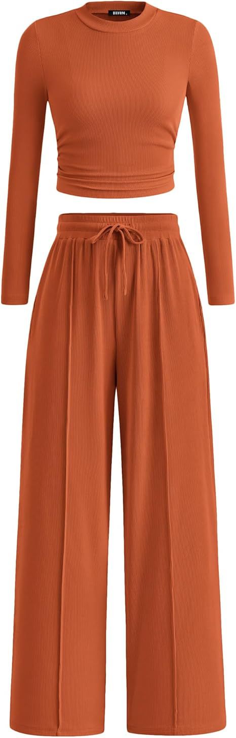 BTFBM 2-Piece Ribbed Knit Long Sleeve Crop Top Wide Leg Pants Matching Lounge Set Loungewear