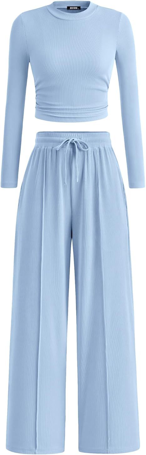 BTFBM 2-Piece Ribbed Knit Long Sleeve Crop Top Wide Leg Pants Matching Lounge Set Loungewear