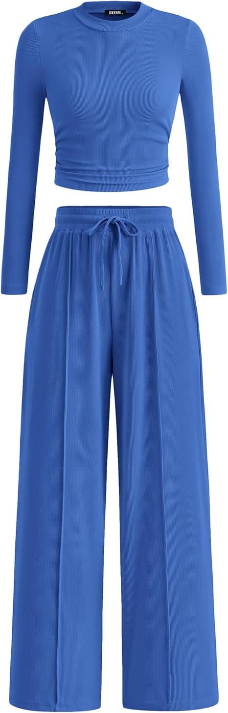 BTFBM 2-Piece Ribbed Knit Long Sleeve Crop Top Wide Leg Pants Matching Lounge Set Loungewear