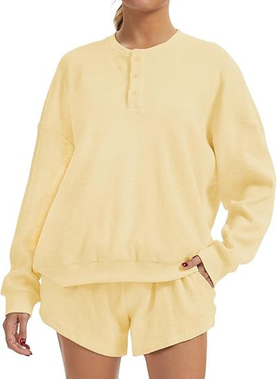 AnotherChill Women's Oversized Waffle Knit Lounge Set – Long Sleeve Henley Sweatshirt and High Waisted Shorts 2 Piece Casual Outfit