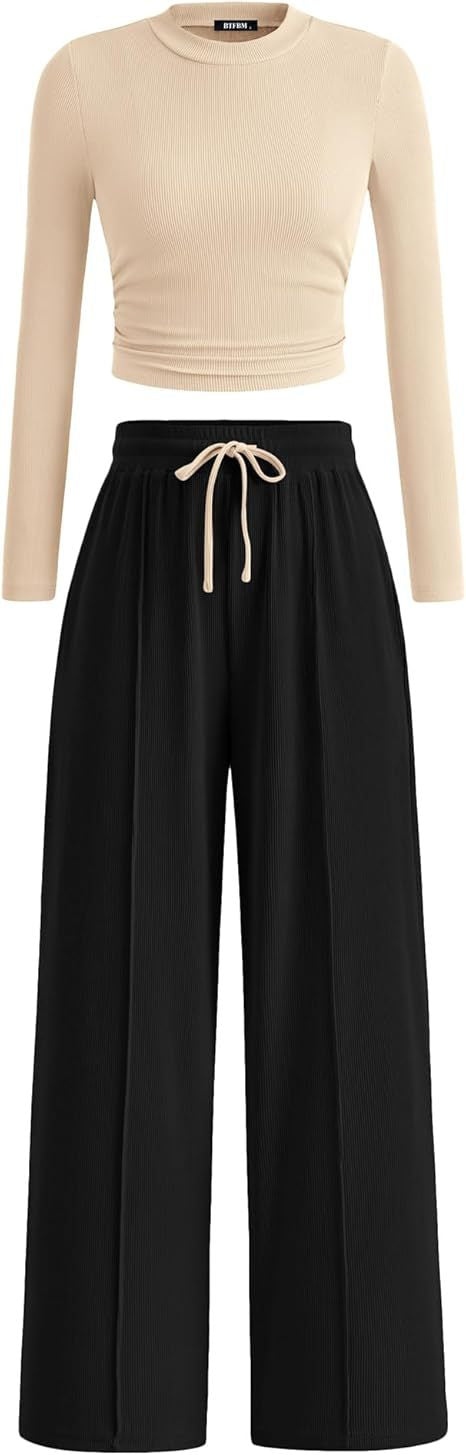 BTFBM 2-Piece Ribbed Knit Long Sleeve Crop Top Wide Leg Pants Matching Lounge Set Loungewear