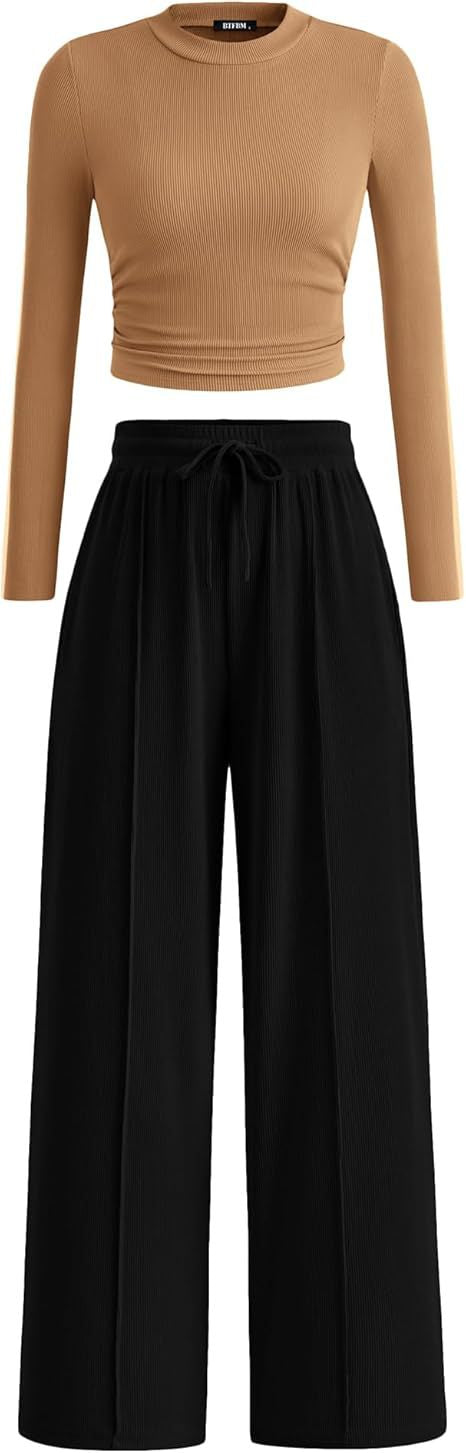 BTFBM 2-Piece Ribbed Knit Long Sleeve Crop Top Wide Leg Pants Matching Lounge Set Loungewear