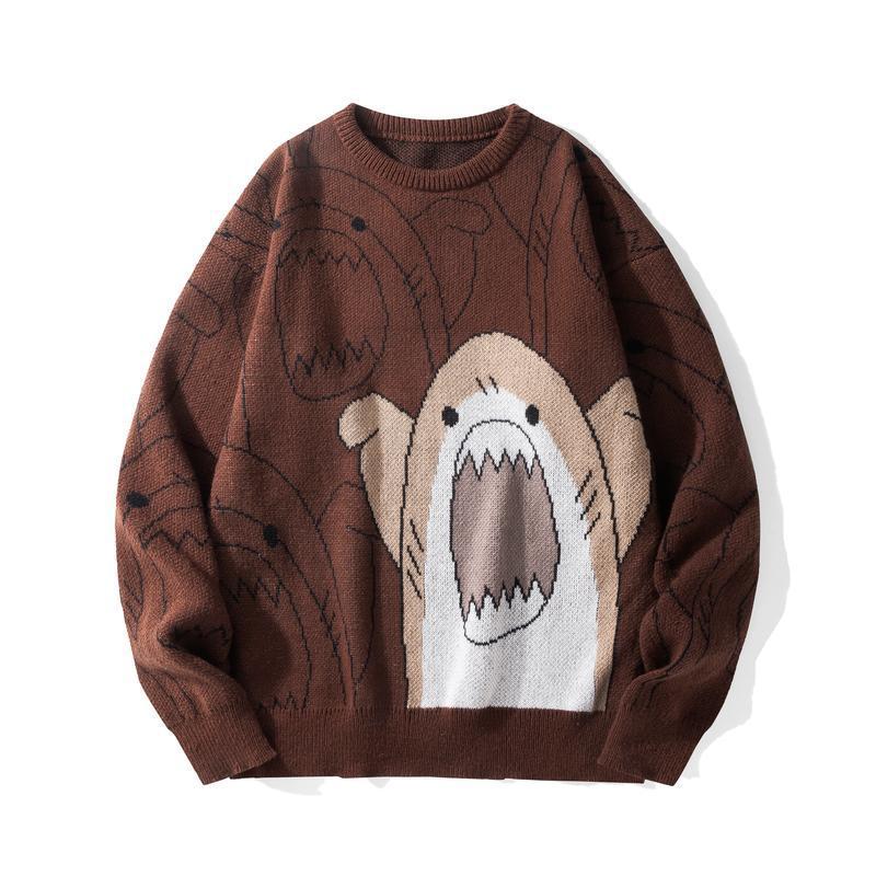 2026 #Springfresh Winter Cartoon Shark Crewneck Polyester Pullover Sweater Unisex Oversized Elegant Casual Streetwear Thick Knitwear Grey Fashion Sweaters Knitted