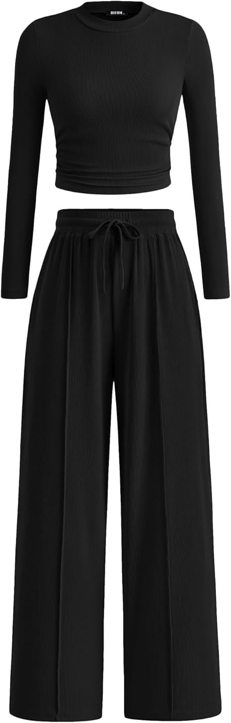 BTFBM 2-Piece Ribbed Knit Long Sleeve Crop Top Wide Leg Pants Matching Lounge Set Loungewear