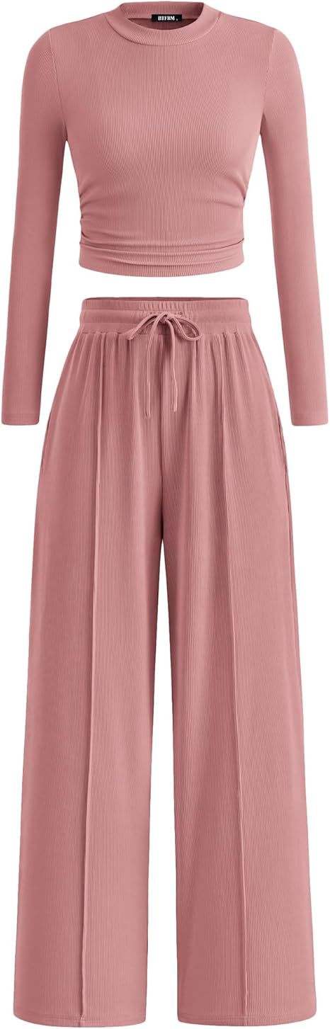 BTFBM 2-Piece Ribbed Knit Long Sleeve Crop Top Wide Leg Pants Matching Lounge Set Loungewear