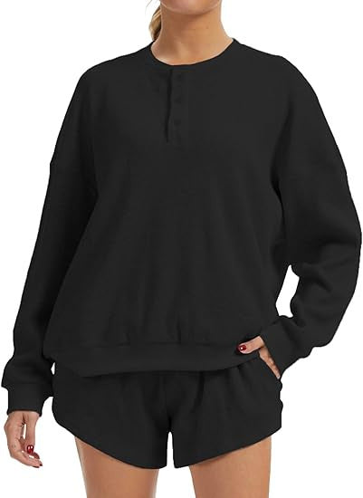 AnotherChill Women's Oversized Waffle Knit Lounge Set – Long Sleeve Henley Sweatshirt and High Waisted Shorts 2 Piece Casual Outfit
