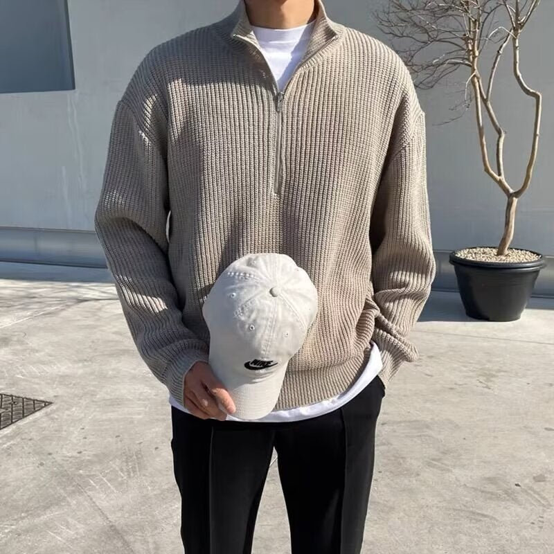 Men's High-Neck Zipper Knit Sweater, American Retro Loose Drop-Shoulder Long Sleeve