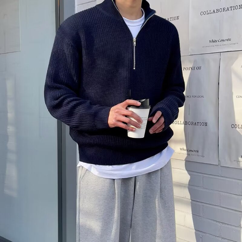 Men's High-Neck Zipper Knit Sweater, American Retro Loose Drop-Shoulder Long Sleeve