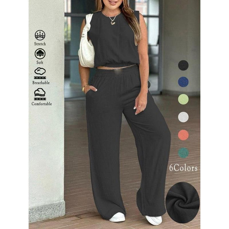 Women's Cotton Sleeveless Tank & Wide Leg Pants 2-Piece Lounge Set (S-3XL)