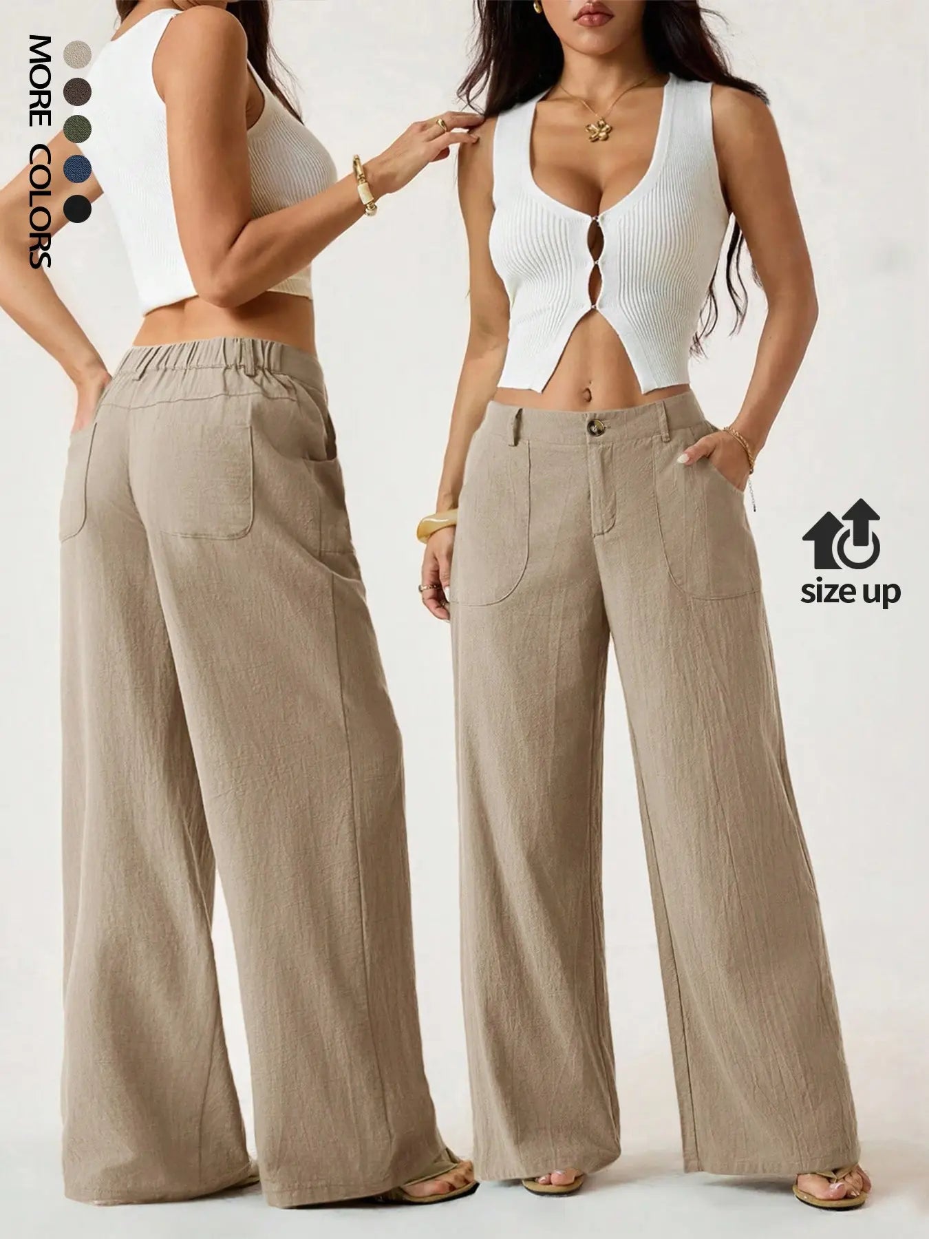 Women's Classic Linen Palazzo Pants, Summer Flowy Wide-Leg Beach Trousers with Pockets, Casual Solid-Color Soft Elastic Lounge Pants for Travel, Work & Streetwear Outfit