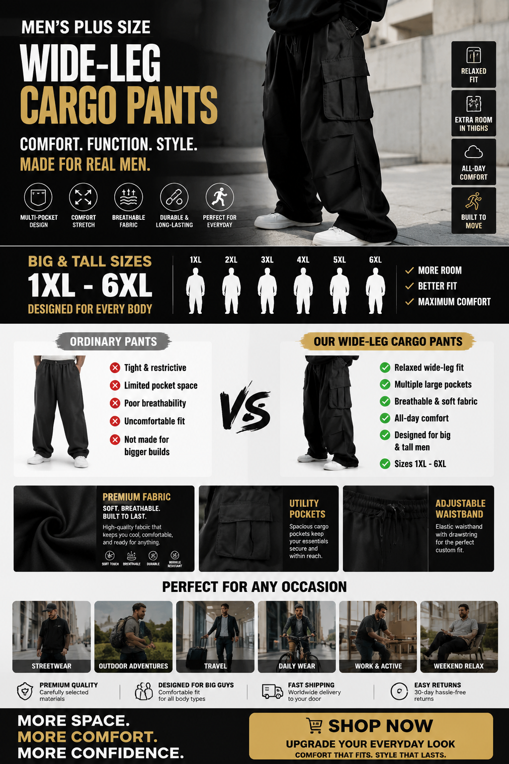 MEN'S PLUS SIZE WIDE-LEG CARGO PANTS