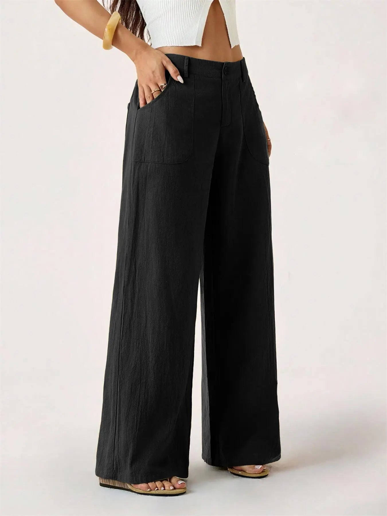 Women's Classic Linen Palazzo Pants, Summer Flowy Wide-Leg Beach Trousers with Pockets, Casual Solid-Color Soft Elastic Lounge Pants for Travel, Work & Streetwear Outfit