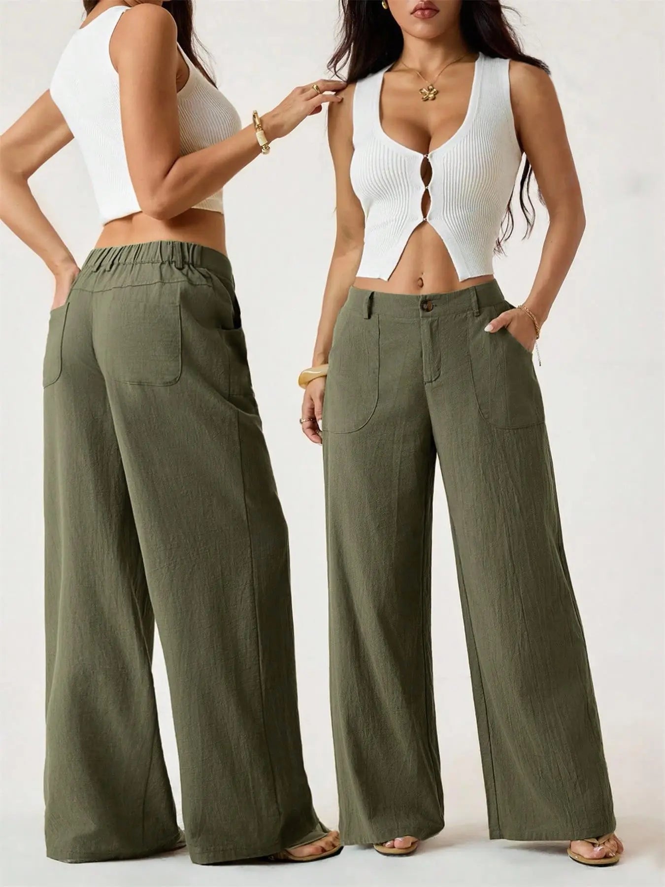Women's Classic Linen Palazzo Pants, Summer Flowy Wide-Leg Beach Trousers with Pockets, Casual Solid-Color Soft Elastic Lounge Pants for Travel, Work & Streetwear Outfit