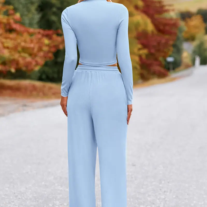 BTFBM 2-Piece Ribbed Knit Long Sleeve Crop Top Wide Leg Pants Matching Lounge Set Loungewear