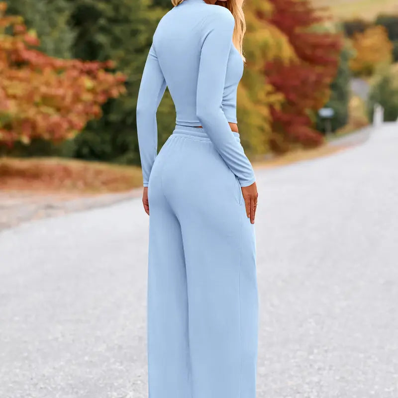 BTFBM 2-Piece Ribbed Knit Long Sleeve Crop Top Wide Leg Pants Matching Lounge Set Loungewear