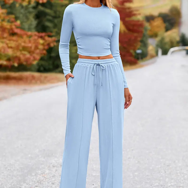 BTFBM 2-Piece Ribbed Knit Long Sleeve Crop Top Wide Leg Pants Matching Lounge Set Loungewear