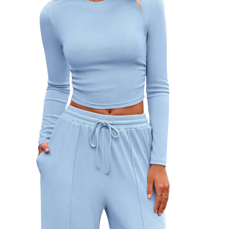 BTFBM 2-Piece Ribbed Knit Long Sleeve Crop Top Wide Leg Pants Matching Lounge Set Loungewear